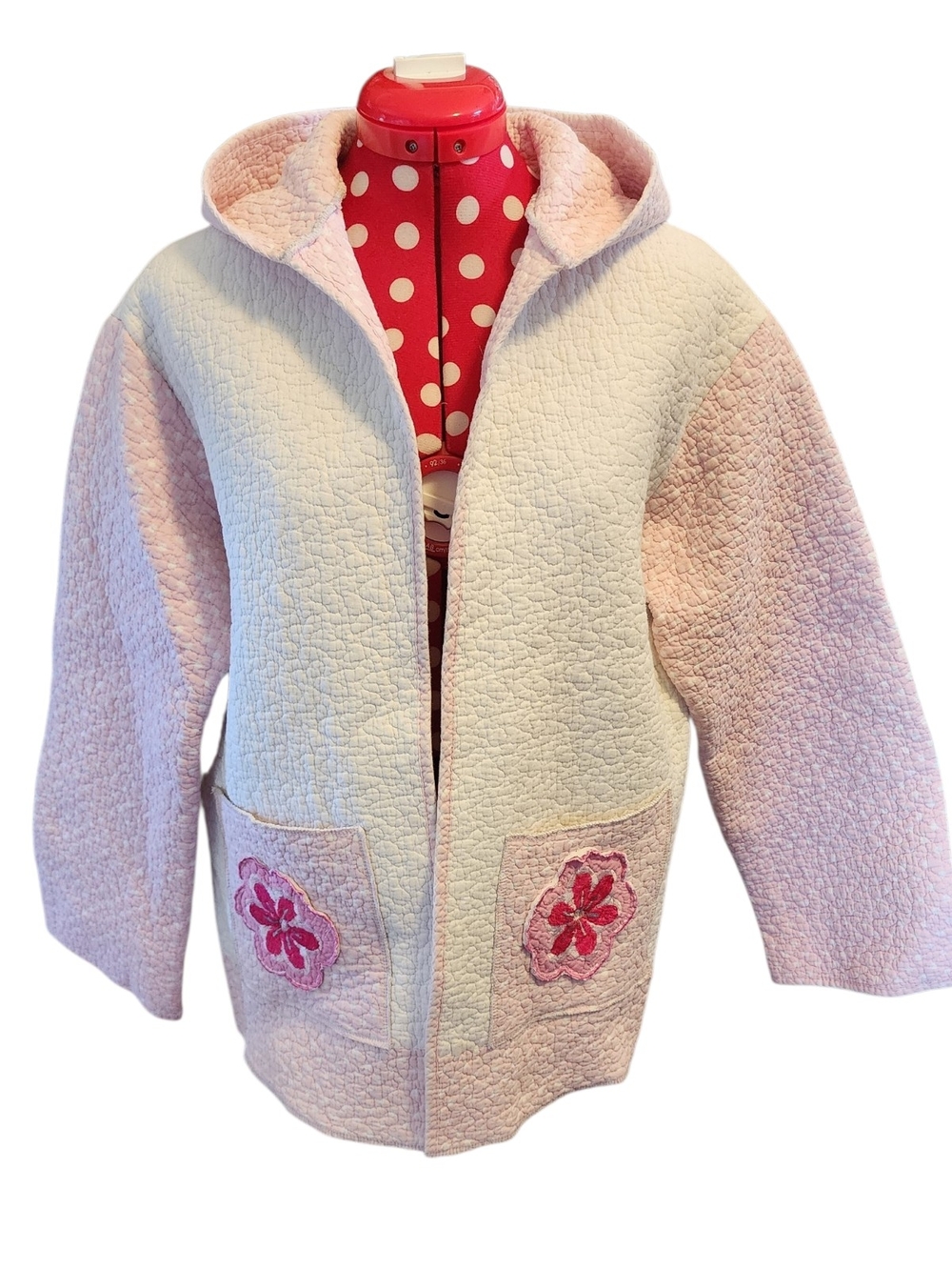 Repurposed Handmade Hooded Quilt Coat Jacket Pink Floral Hearts Pockets PTP 21"